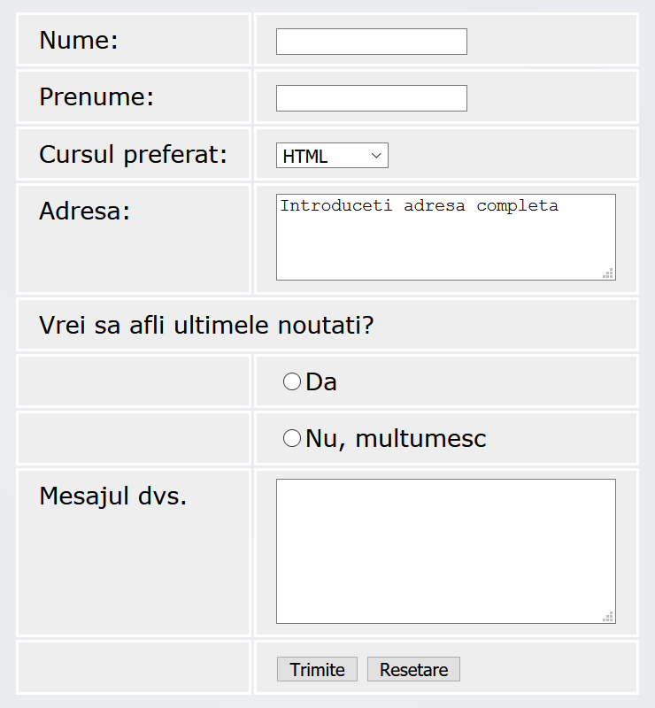 formular web inclus in tabel HTML